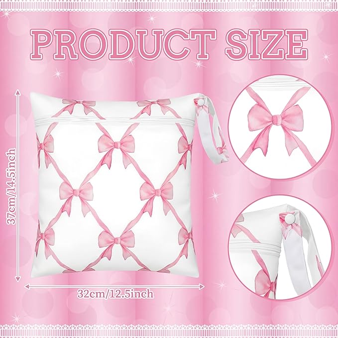 Sanwuta 2 Pack Wet Bags Resuable Waterproof Wet Dry Bag for Swimsuit Travel Beach Pool Bathing Diapers Dirty Yoga Gym Clothes Toiletries with Zippered Pockets(Pink Bow,Pink and White)