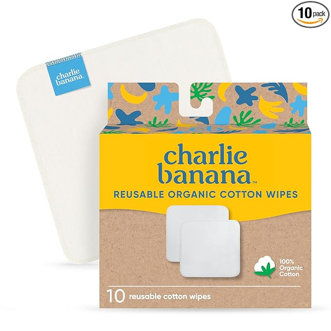 Charlie Banana Reusable 100% Cotton Baby Wipes, Super Soft and Washable, 10 Pack Reusable Cloth Wipes