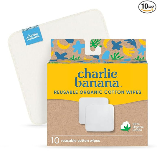 Charlie Banana Reusable 100% Cotton Baby Wipes, Super Soft and Washable, 10 Pack Reusable Cloth Wipes