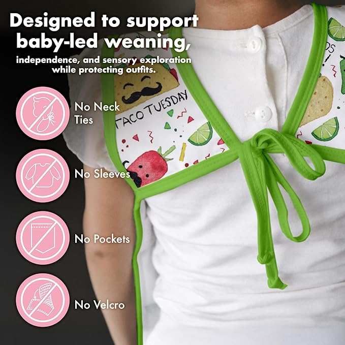 BapronBaby Taco Party Bapron - No Neck Tie Safer Bib for Baby & Toddler - Soft Waterproof Stain Resistant - Machine Washable - Sz Baby/Toddler 6m-3T