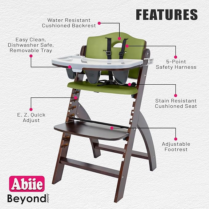 Abiie Beyond Junior Wooden High Chair for Babies and Toddlers - Convertible 3-in-1 Baby Highchair with Removable Tray - 6 Months to 250 Lb - Water Resistant - Mahogany Wood/Olive Cushion