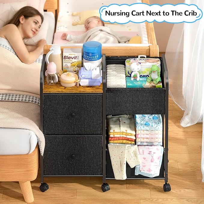 Baby Diaper Caddy Organizer Cart with Wheels, 2 Tier Rolling Cart with Dividers and Drawers, Mobile Utility Cart Bedside for Nursery, Bedroom, Baby Newborn Essentials Storage Cart, Black