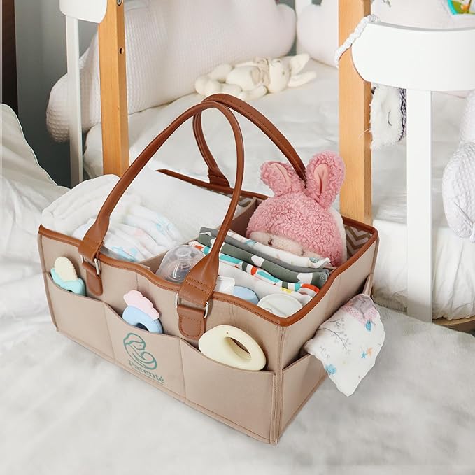 Diaper Caddy Organizer for Baby Essentials, Portable Nursery Storage Bin with Handles, Large Capacity for Diapers, Wipes, Toys, Changing Table or Car, Felt Diaper Organizer