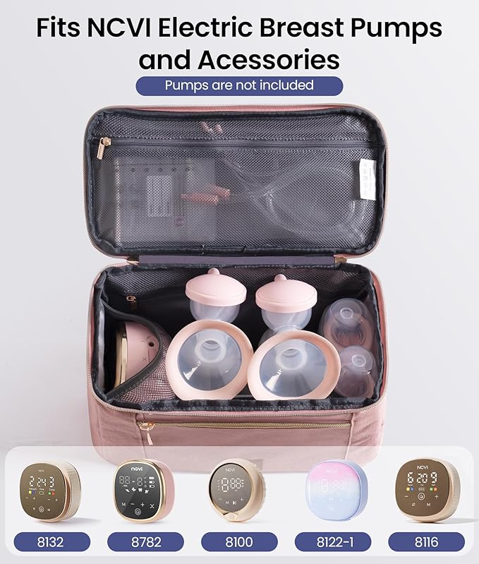 NCVI Breast Pump Storage Bag for Pumps and Extra Parts, Large Capacity Portable Pump Carrying Case with Handle, Waterproof Lining and Multiple Compartments, Perfect for Working & Nursing Moms, Pink