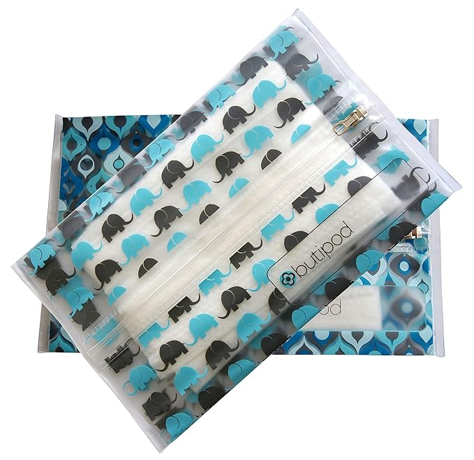 Butipods Reusable Stay Moist Wet Wipe Pouch | Slim Case Travel Holder | Great for Hand and Face Wipes | Set of 2 (Blue Elephants & Ogees)