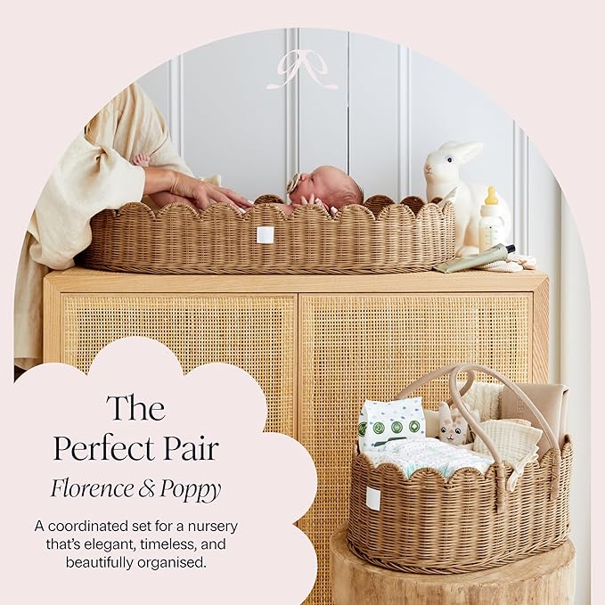 BEBE BASK Premium Baby Diaper Caddy Organizer - Handmade & Award-Winning Scalloped Rattan Basket - Luxury Diaper Caddy Basket - Elegant Scalloped Edge (Mocca)