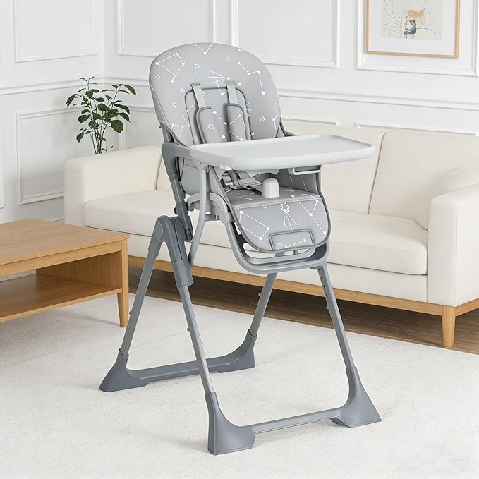 Baby High Chair, Foldable Feeding Chairs for Babies and Toddlers, Adjustable Height/Backrest/Footrest, Removable Tray, Fast Folding Gray