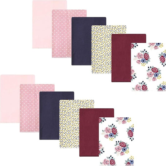 Hudson Baby Unisex Baby Cotton Flannel Burp Cloths Bundle, Blush Navy Floral, One Size