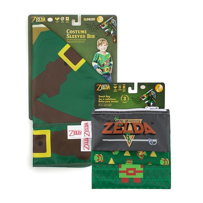 Bumkins Nintendo The Legend of Zelda Sleeved Bib and Snack Bag Set – Waterproof Feeding Bib for Ages 6–24 Months and Reusable Sandwich and Snack Bags for Kids 3+