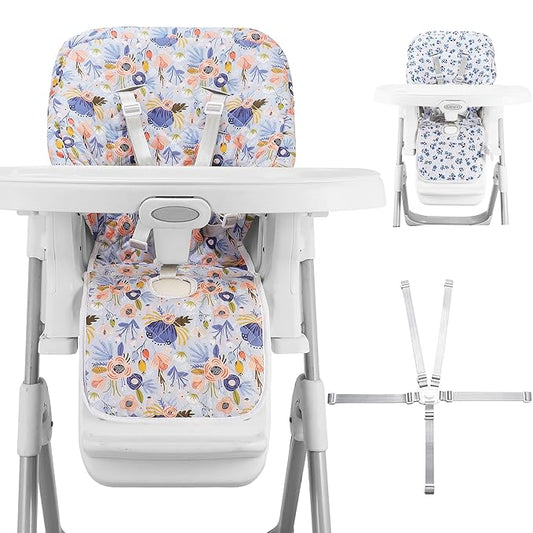 Baby High Chair Cover Replacement, Reversible & Waterproof High Chair Cushion Pad Home & Restaurant use, Includes 5-Point Harness Strap, Chair Not Included - Blue