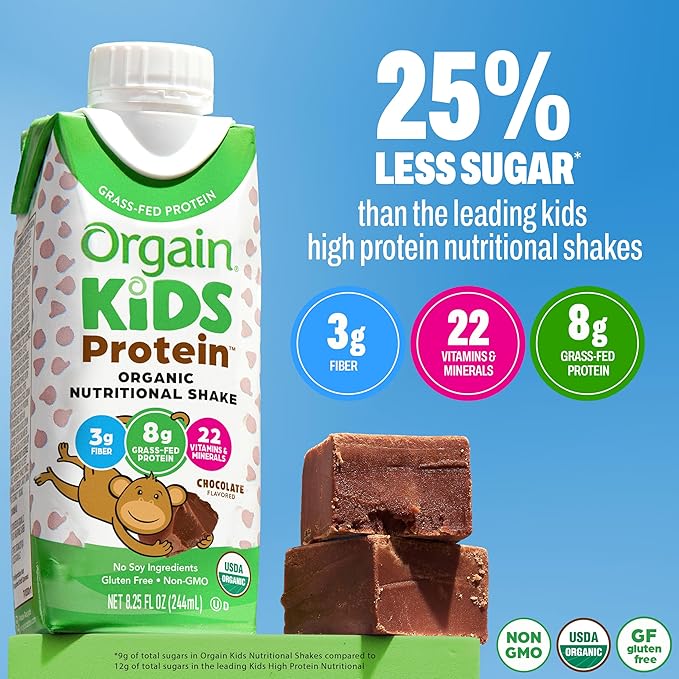 Orgain Organic Kids Dairy Nutritional Protein Shakes, Chocolate 12‑Pack + Vanilla 12‑Pack, 8g Protein, 3g Fiber, 22 Vitamins & Minerals, No Soy Ingredients, Gluten Free, Non‑GMO, 8.25 fl oz