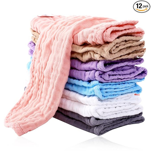 Cute Castle 12 Pack Muslin Burp Cloths for Baby - Ultra-Soft 100% Cotton Baby Washcloths - Large 20'' by 10'' Super Absorbent Milk Spit Up Rags - Burpy Cloths for Unisex, Boy, Girl - Multicolor