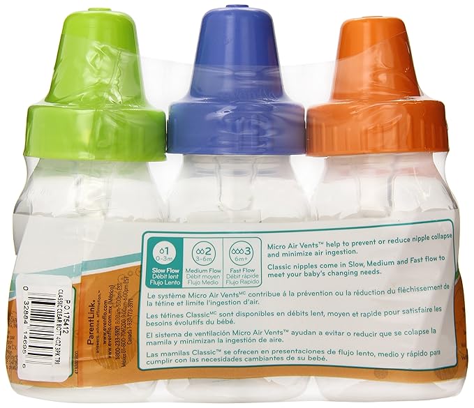 Evenflo Feeding Classic Clear Plastic Standard Neck Bottles for Baby, Infant and Newborn - Pink/Lavender/Teal or Green/Blue/Teal (COLORS MAY VARY), 4 Ounce (Pack of 3)