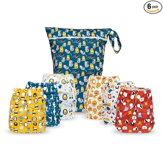 Simple Being Reusable Cloth Diapers, Double Gusset, One Size Adjustable, Washable Soft Absorbent, Waterproof Cover, Eco-Friendly Unisex Baby Girl Boy, six 4-Layers Microfiber Inserts (Boy Animals)