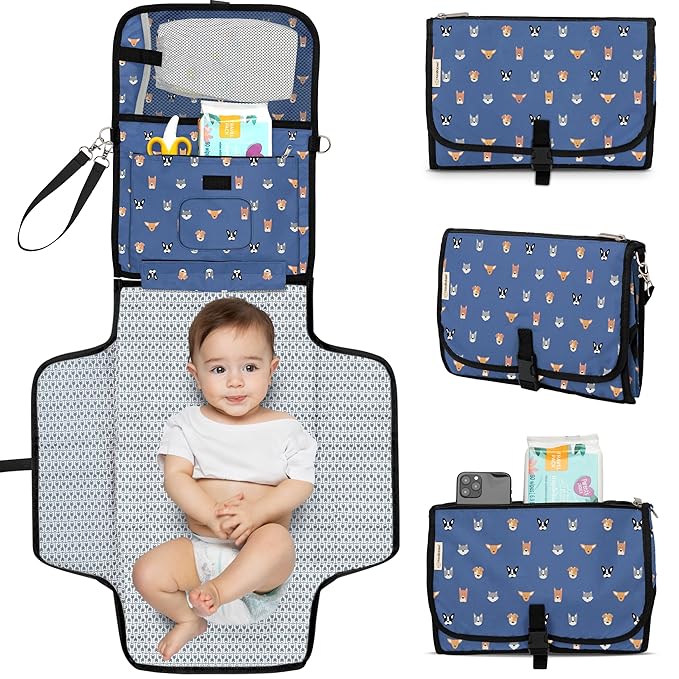 KeaBabies Portable Diaper Changing Pad, Travel, Car - Large Waterproof Baby Changing Mat, Wipeable, Padded, On The Go Travel Diaper Clutch Bag, Easy to Use Pockets for Newborn Essentials (Pets & Paws)