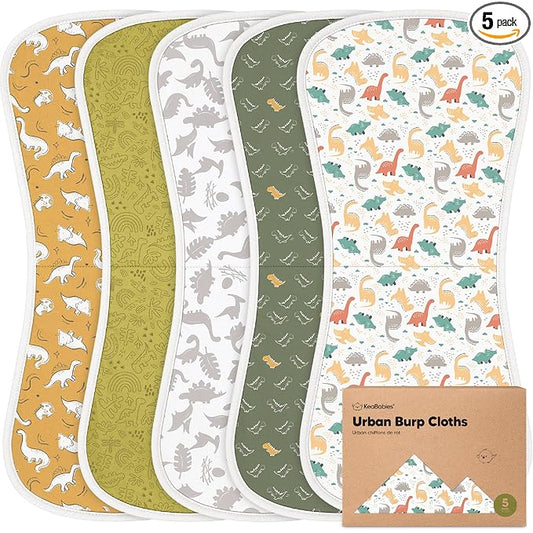 Organic Burp Cloths Baby Boy & Girl - 5-Pack Super Absorbent Cotton Burping Cloths for Babies, Soft & Plush Newborn Spit Up Rags, Infant Towels for Milk Spit Up, Unisex, Large 21" x 10" (Mesozoic)