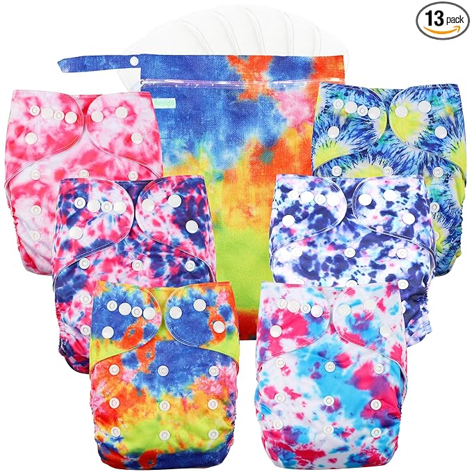 wegreeco Cloth Diapers 6 Pack with 6 Inserts & 1 Wet Bag, Washable Cloth Diapers for Babies, One Size Adjustable Reusable (Tie-dye)