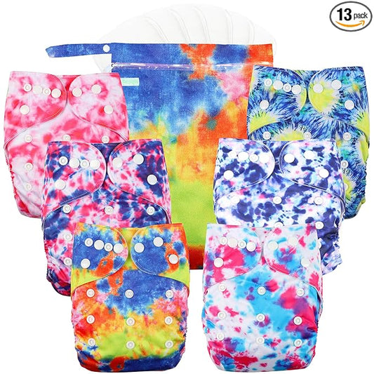 wegreeco Cloth Diapers 6 Pack with 6 Inserts & 1 Wet Bag, Washable Cloth Diapers for Babies, One Size Adjustable Reusable (Tie-dye)