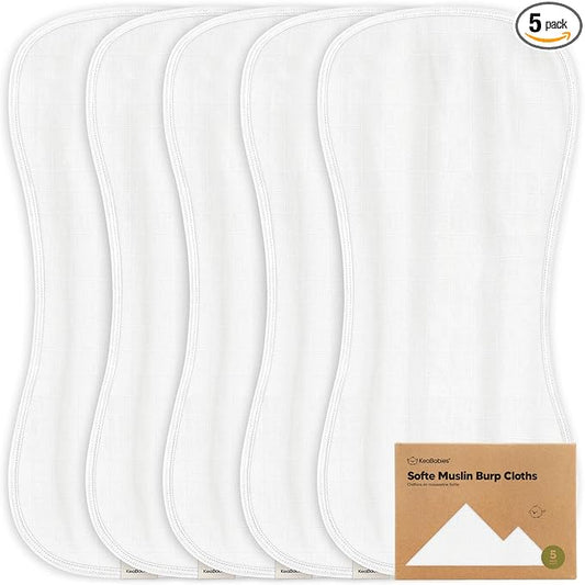 5-Pack Muslin Burp Cloths Baby Boy, Girl - Very Absorbent Baby Burp Cloth Rags, 8-Layers Viscose Derived from Bamboo Cotton Muslin Towel, Super Soft Spit Up Rags, No Shrink Washcloths (Soft White)