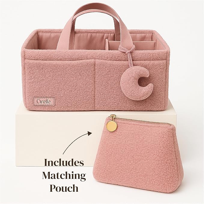 Orelle Bouclé Diaper Caddy Organizer with Matching Pouch & Moon Pendant | Teddy Portable Changing Table Organizer | Pink Diaper Caddy | Must-Have Baby Shower Gifts | Pink