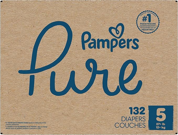 Pampers Pure Baby Diapers, Size 5 (27+ lbs), 132, Up to 100% Leakproof, Premium Hypoallergenic Soft Diapers
