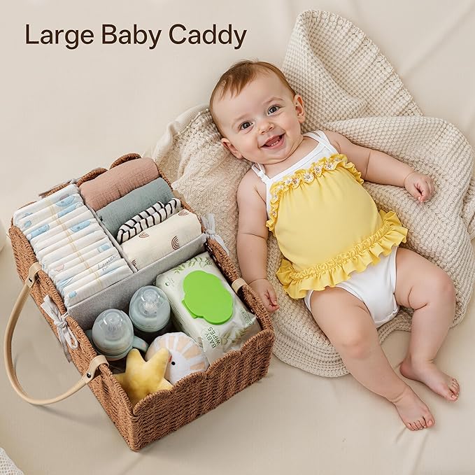 Angelhood Scalloped Paper Rope Diaper Caddy, Woven Floral Baby Diaper Organizer with Dividers for Changing Table, Nursery & Car Portable Baby Gift Basket