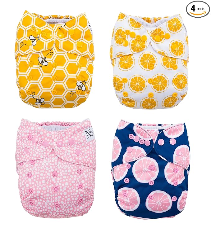 Nora's Nursery Cloth Pocket Diapers 4 Pack with 4 Inserts - Waterproof Cover, Washable, Reusable & One Size Adjustable Pocket Diapers for Newborns and Toddlers - The Bee's Knees