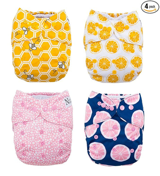 Nora's Nursery Cloth Pocket Diapers 4 Pack with 4 Inserts - Waterproof Cover, Washable, Reusable & One Size Adjustable Pocket Diapers for Newborns and Toddlers - The Bee's Knees