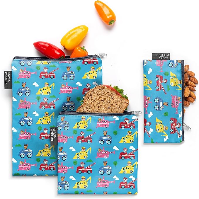 Simple Modern Nickelodeon Viacom Reusable Snack Bags for Kids | Food Safe, BPA & Phthalate Free, Polyester Zip | Washable & Refillable Sandwich Bag | Ellie Collection | 3 pack | Paw Patrol Adventures