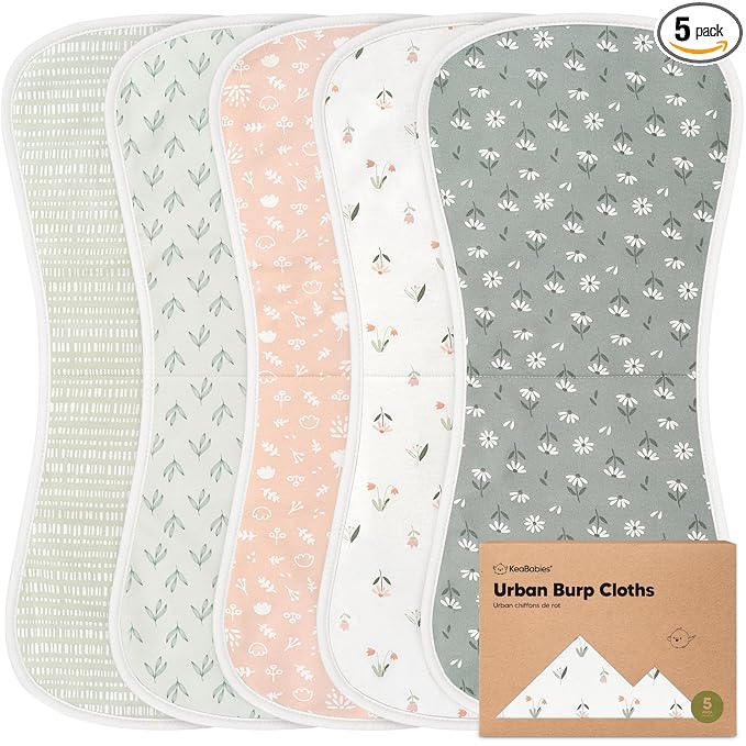 Organic Burp Cloths Baby Boy & Girl - 5-Pack Super Absorbent Cotton Burping Cloths for Babies, Soft & Plush Newborn Spit Up Rags, Infant Towels for Milk Spit Up, Unisex, Large 21" x 10" (Fleur)