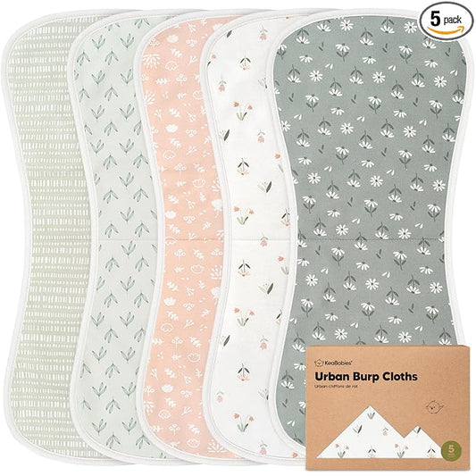 Organic Burp Cloths Baby Boy & Girl - 5-Pack Super Absorbent Cotton Burping Cloths for Babies, Soft & Plush Newborn Spit Up Rags, Infant Towels for Milk Spit Up, Unisex, Large 21" x 10" (Fleur)