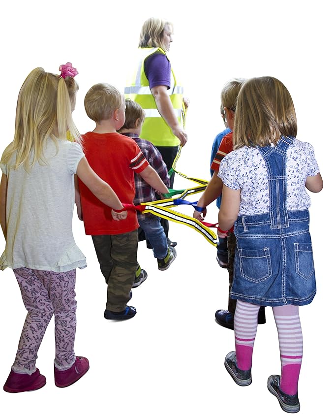 Grab & Go Children's Walking Rope (6 child). Teacher Designed. Extra Safety Feature on Handles. Strong Fabric & Heavy Duty Stitching. Includes Learning Games for Walks Guide