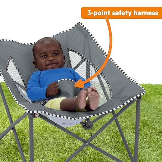 Bright Starts Pop 'N Chill Baby Chair Travel Seat, Indoor/Outdoor Use, Infant Seat with UPF 50+ Canopy, Grey, Ages 0-6 Months