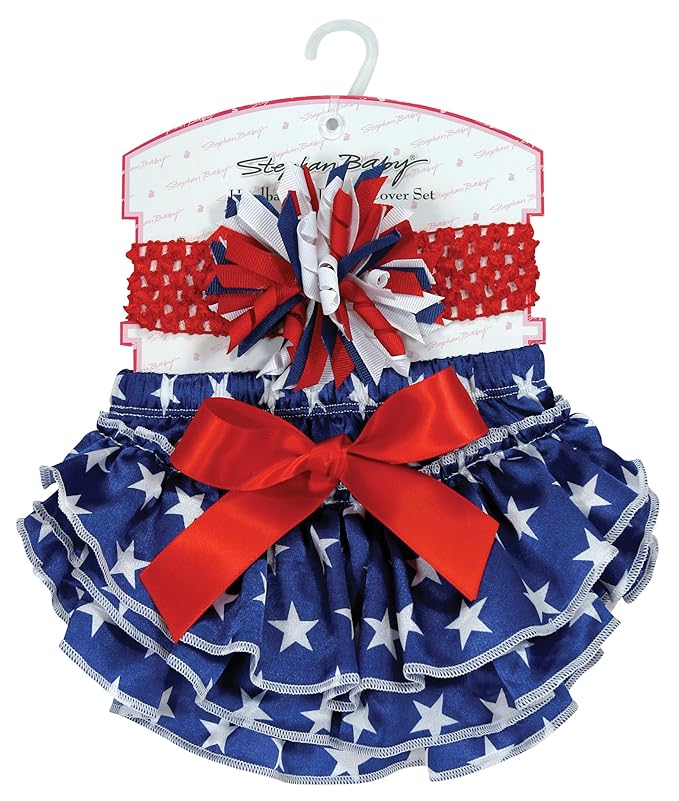 Stephan Baby Stars and Stripes Ruffled Diaper Cover and Curly Bow Headband, 6-12 Months