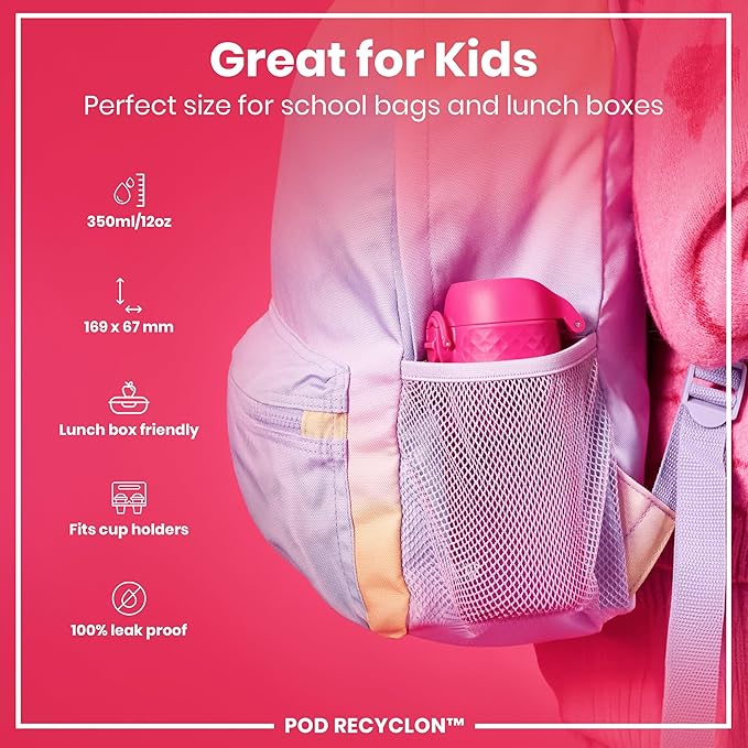 Ion8 Small Water Bottle, 350 ml/12 oz, Leak Proof, Easy to Open, Secure Lock, Dishwasher Safe, BPA Free, Carry Handle, Hygienic Flip Cover, Easy Clean, Odor Free, Carbon Neutral, Hot Pink