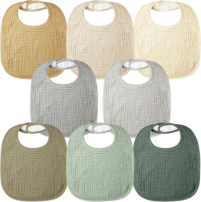 Bearmoss Baby Bibs for Drooling and teething 100% Cotton Muslin Bibs for Baby Boy & Girl,Adjustable, Ultra Absorbent,8 Pack