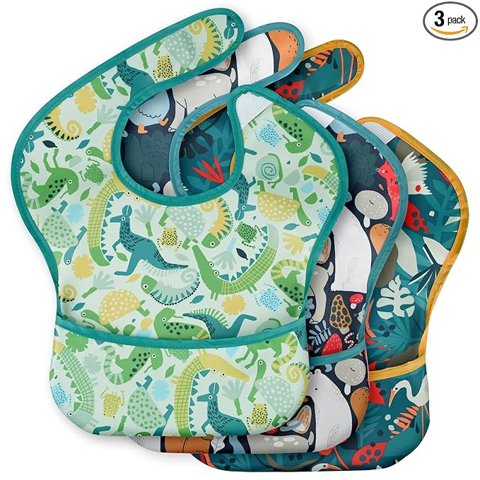 3-Pack Waterproof Baby Bibs for Eating - Mess Proof Lightweight Toddler Feeding Bibs with Large Food Catcher, Food-Grade Baby Eating Essentials, Easy to Put On & Clean(Green Animals)