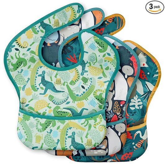 3-Pack Waterproof Baby Bibs for Eating - Mess Proof Lightweight Toddler Feeding Bibs with Large Food Catcher, Food-Grade Baby Eating Essentials, Easy to Put On & Clean(Green Animals)