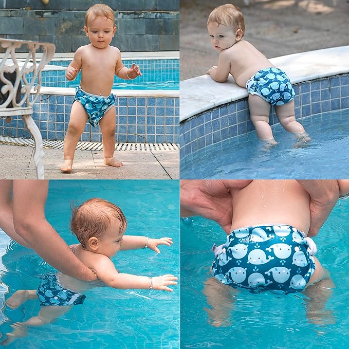ALVABABY Swim Diapers 2pcs Baby & Toddler Snap One Size Reusable Adjustable Baby Boys' Swim Diapers for Swimming Lessons SW18-21