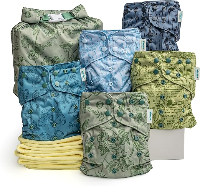 Kinder Cloth Diapers Reusable Baby Diapers Pocket Style Athletic Wicking Jersey, Bamboo Viscose Inserts, Wet Bag, Newborn to Potty Training 7-60lbs, One Size (Tranquil Garden, 5 Pack, with Inserts)