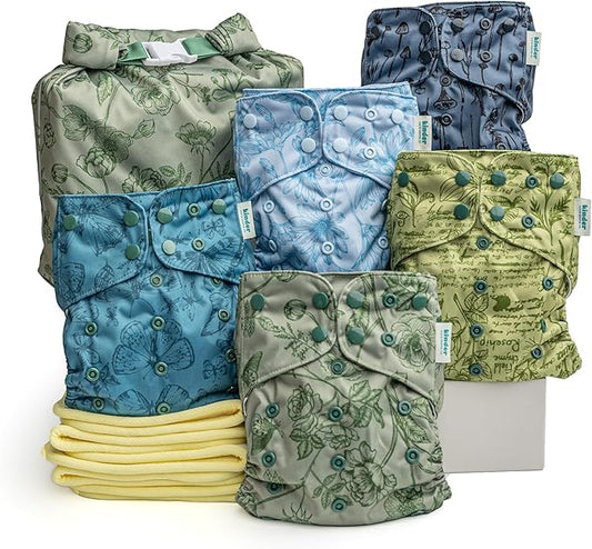 Kinder Cloth Diapers Reusable Baby Diapers Pocket Style Athletic Wicking Jersey, Bamboo Viscose Inserts, Wet Bag, Newborn to Potty Training 7-60lbs, One Size (Tranquil Garden, 5 Pack, with Inserts)