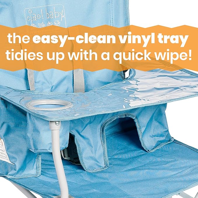 ciao! Baby Portable High Chair for Babies & Toddlers, Fold Up Outdoor Travel Seat with Tray & Carry Bag for Camping, Picnics, Beach Days, Sporting Events & More, Slate Blue