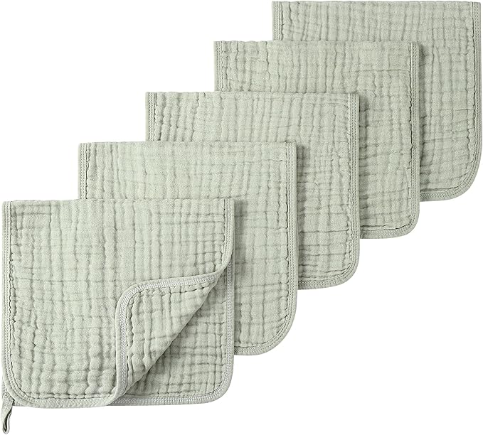Muslin Burp Cloths 5 Pack Large 20x12 inches Baby Burping Cloths, 6-Layer 100% Cotton for Newborn Boys Girls, Ultra Soft & Absorbent（Green）