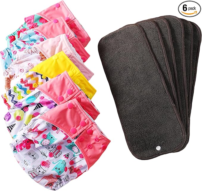 Cloth Diapers 6 Pack with 6 Inserts & 1 Wet Bag - Waterproof Cover, Washable, Reusable & One Size Adjustable Pocket Diapers for Newborns and Toddlers (Blossom Set)