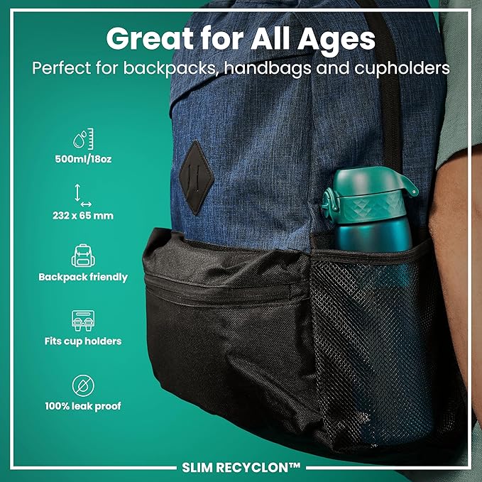ION8 Water Bottle, 500 ml/18 oz, Leak Proof, Easy to Open, Secure Lock, Dishwasher Safe, BPA Free, Hygienic Flip Cover, Carry Handle, Fits Cup Holders, Easy Clean, Odor Free, Carbon Neutral, Aqua Blue