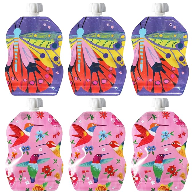 ChooMee Reusable Baby Food Storage Pouches | BPA Free Leakproof Toddler Squeeze Pouch for Smoothies, Purees & Baby Food | Refillable, Double Zipper, Easy Clean, Wide Bottom | 6CT, 8oz FlutterBug