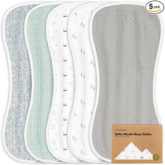 5-Pack Muslin Burp Cloths Baby Boy, Girl - Very Absorbent Baby Burp Cloth Rags, 8-Layers Viscose Derived from Bamboo Cotton Muslin Towel, Super Soft Spit Up Rags, No Shrink Washcloths (Nordic)