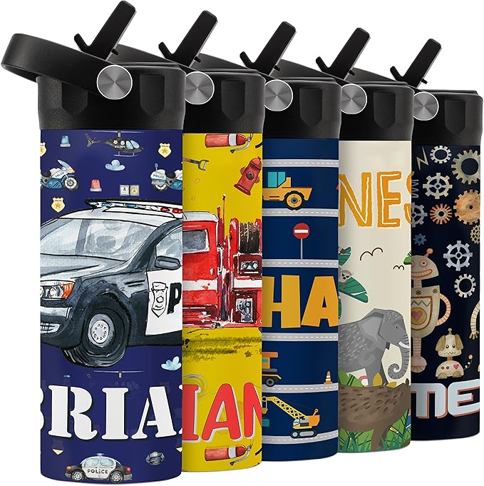 Personalized Kids Water Bottle with Straw Lid - 14 oz - 11 Wraparound Designs, Custom Water Bottle for Children, Back to School Gifts - BPA FREE, Double-Wall Insulated, Birthday Gifts - Polices