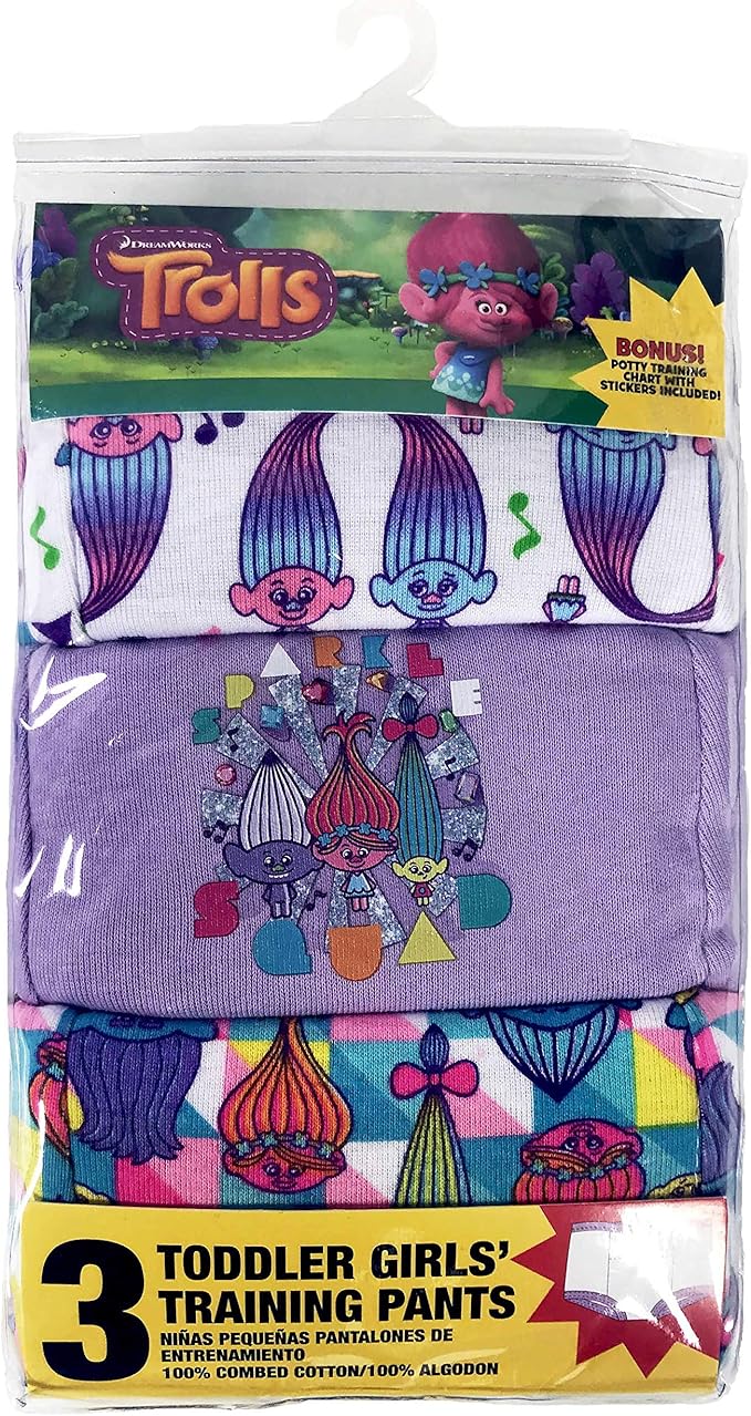 UNIVERSAL Baby Trolls 3 Pack Padded Potty Training Pants With Poppy and Branch Includes Success Chart & Stickers, Sizes 2t, 3t, 4t
