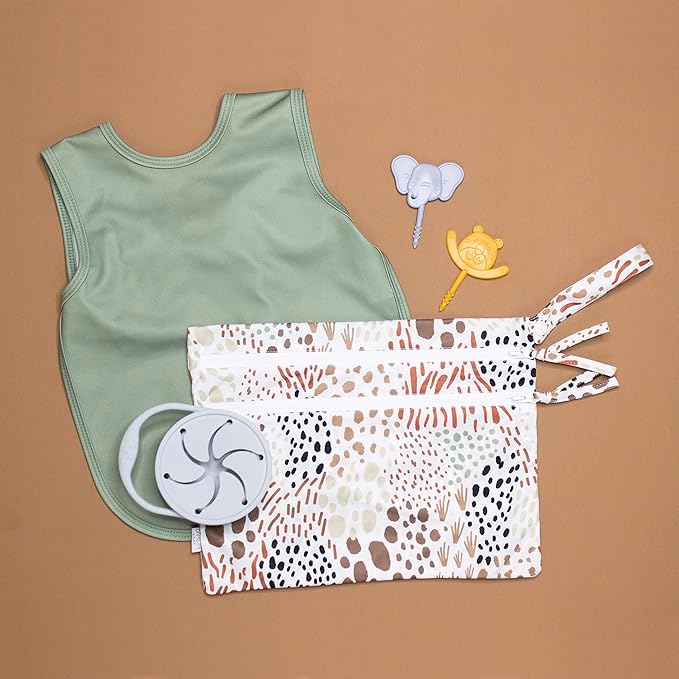 BapronBaby Wild Wet Dry Bag - Waterproof Two Zipper Pockets - Reusable for Mealtime, Diapers, Stroller, Snacks, Swimsuits - Machine Washable - 11" x 9"